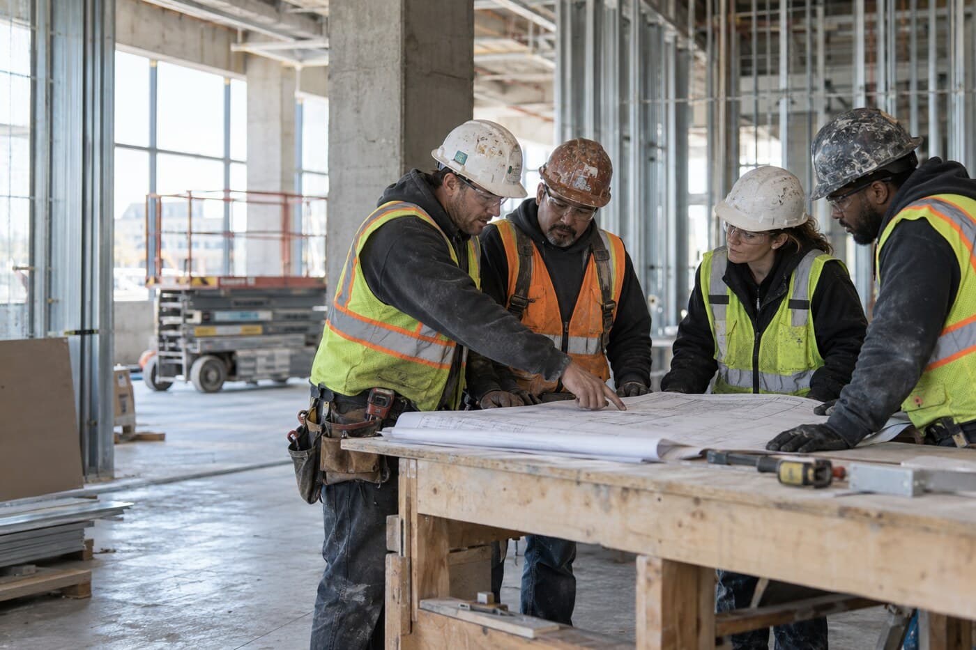 Construction crew reviewing plans on site