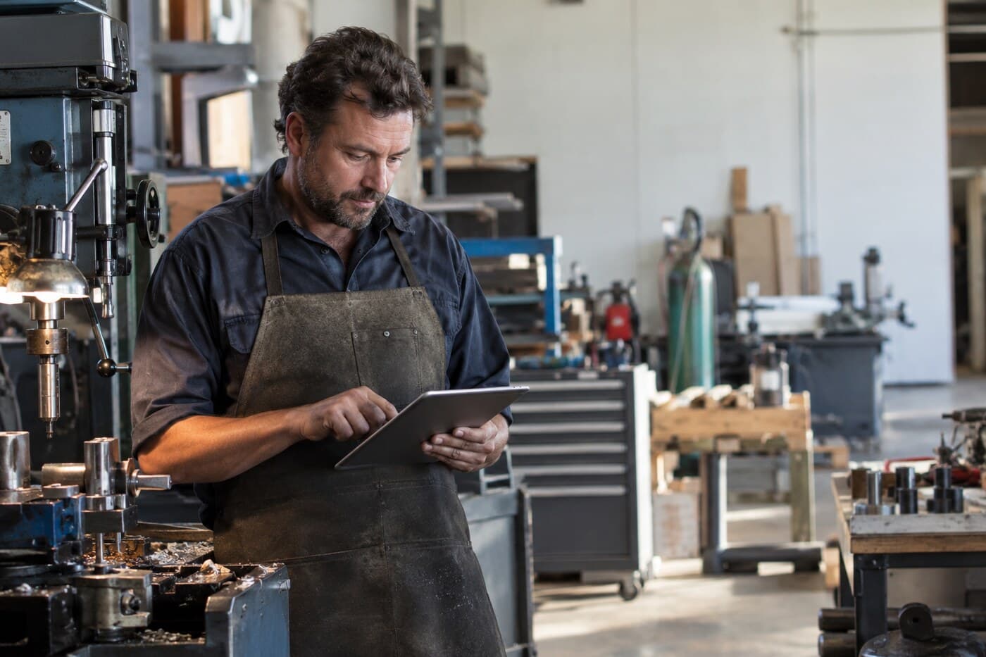 Manufacturing operator checking production on a tablet