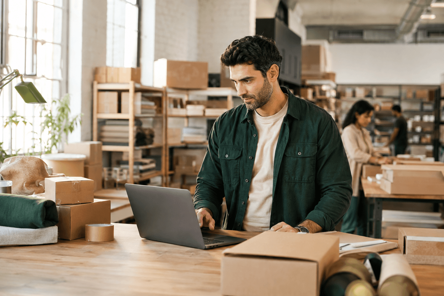 Retail operator reviewing inventory in a warehouse